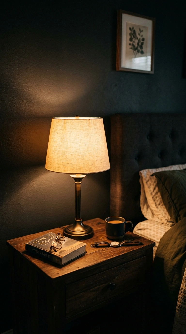 005 Warm Amber Lighting A bedroom nightstand with a la