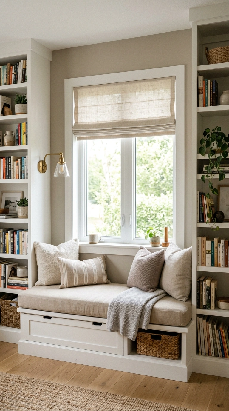 21 Small Home Library Ideas for Book Lovers 6 005 Window Seat Shelves A window seat with a thick bei