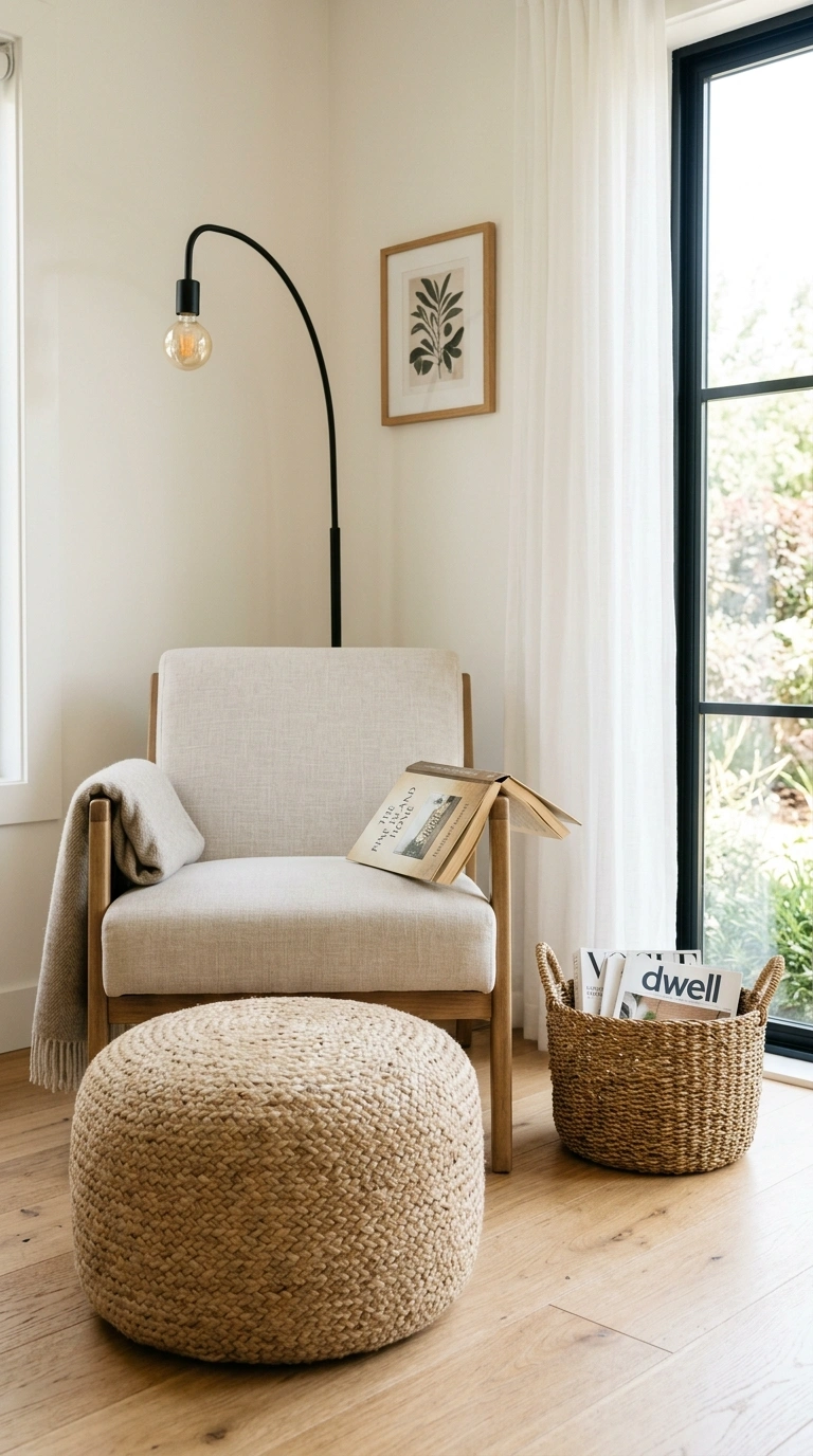 005 Woven Jute Pouf A braided jute pouf in a natural o