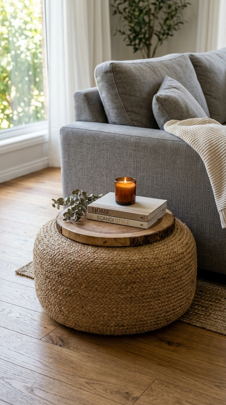 005 Woven Pouf Ottoman A round woven jute pouf ottoman