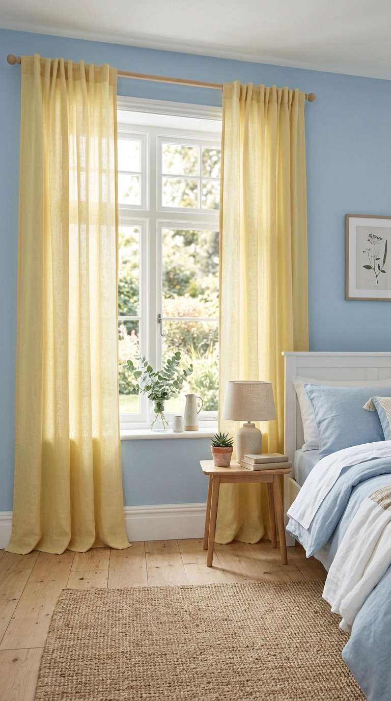 005 Yellow Curtains A bedroom with soft blue walls and