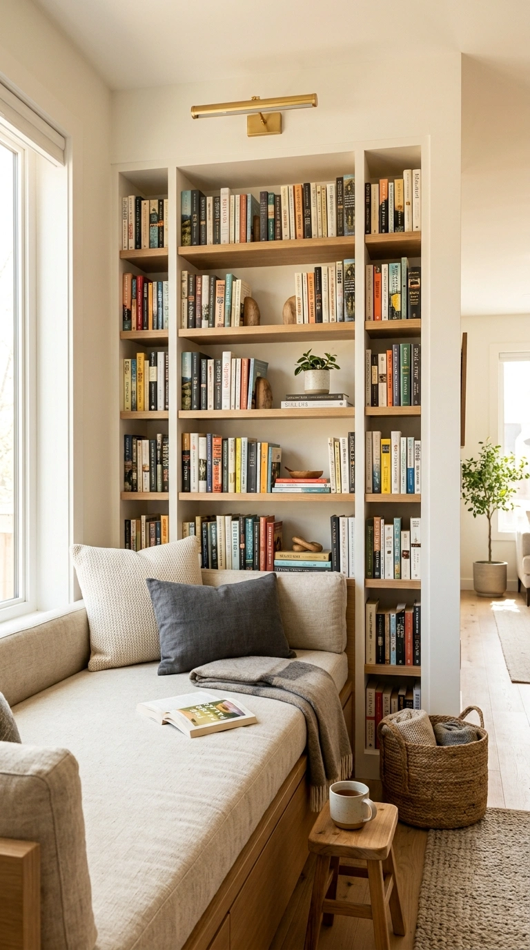 23 Simple Reading Nook Ideas You Can Set Up Today 7 006 Alcove Bookshelf Bench A built in bench in a wall