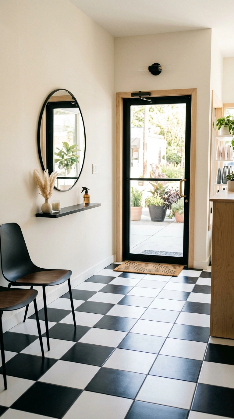 22 Stunning Beauty Salon Interior Design Ideas on a Budget 7 006 Black White Tile Floor A salon entrance with a bla