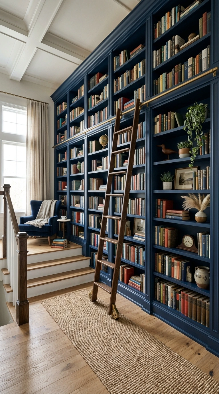 19 Stair Landing Decor Ideas to Make the Most of Your Space 7 006 Built In Bookshelf Wall A stair landing with a flo