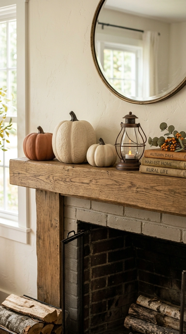 19 Trendy Fall Shelf Decor Ideas for Any Room 7 006 Ceramic Pumpkin Set A mantel shelf styled with thr