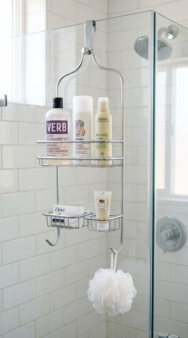 21 Bathroom Wall Decor Ideas for Black, Red & Chrome Themes + Smart Shower Storage 7 006 Chrome Shower Caddy A chrome wire hanging caddy in