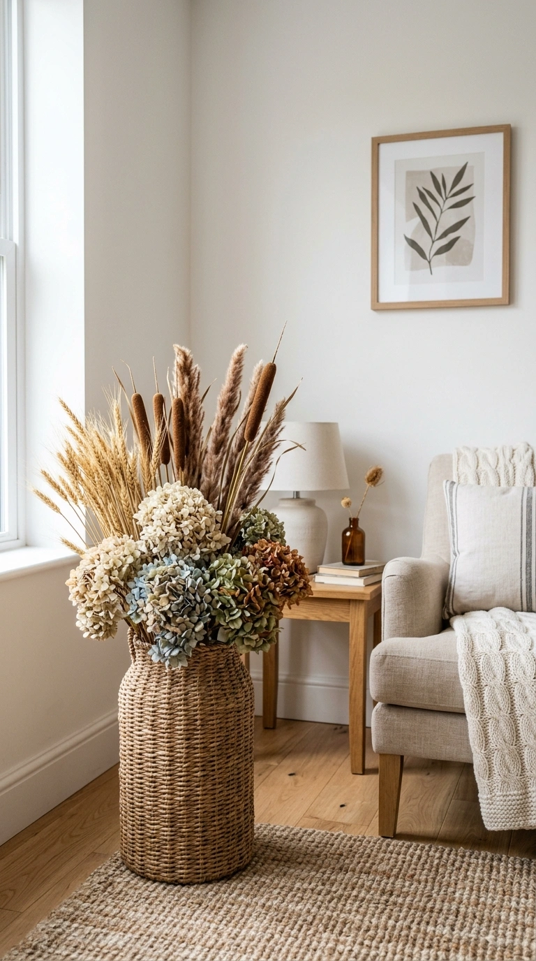 16 Beautiful Fall Basket Ideas to Add Seasonal Charm 7 006 Dried Floral Basket A living room corner with a ta
