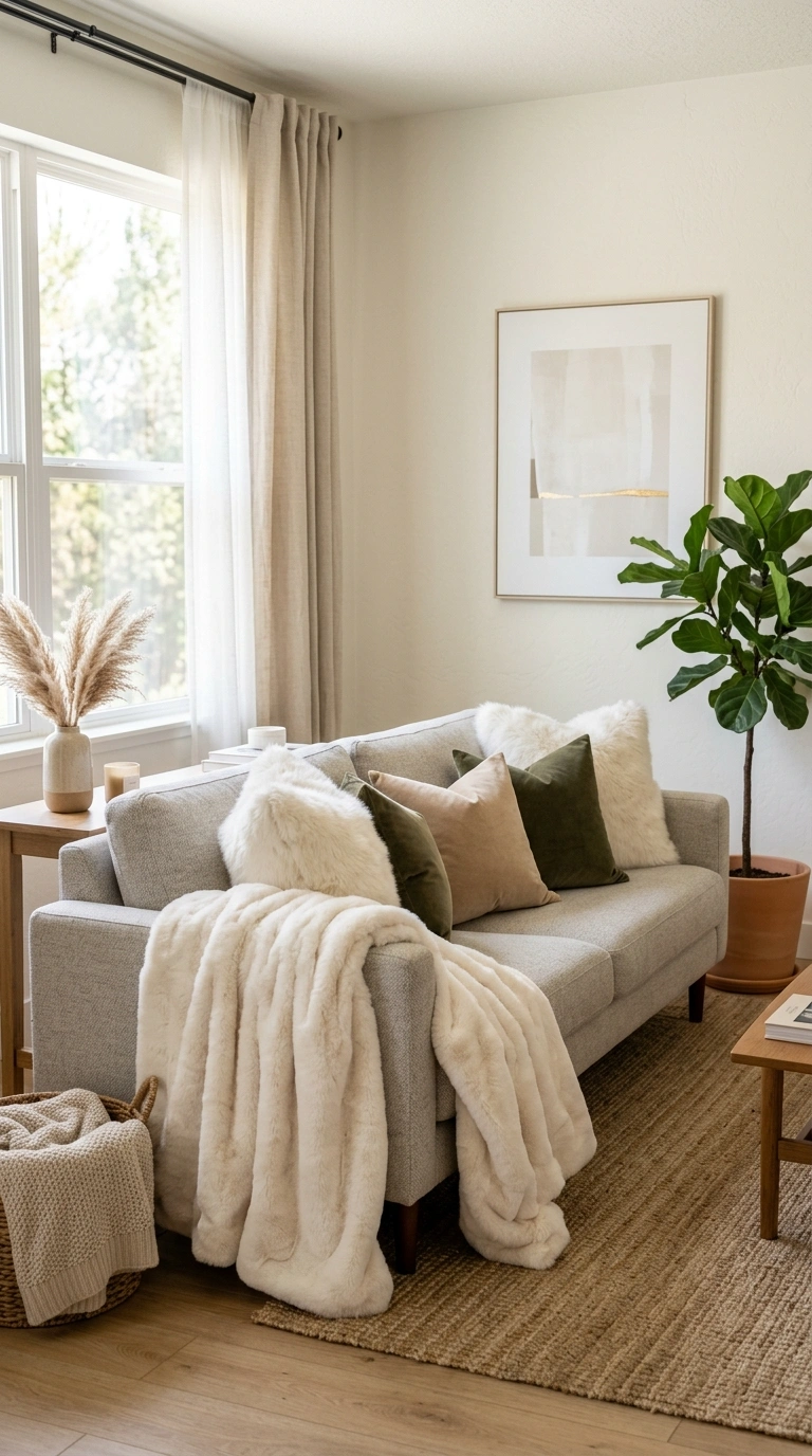 006 Faux Fur Throws A living room sofa with an ivory f