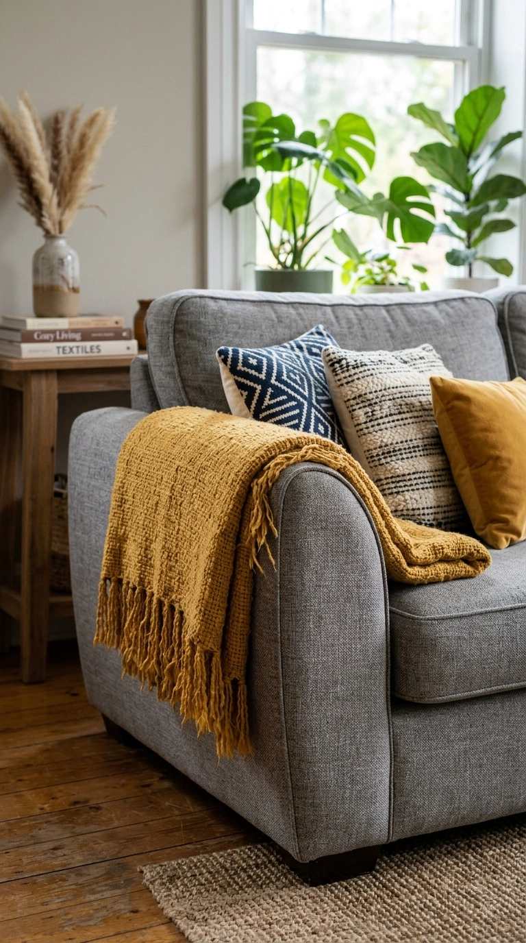 006 Fringed Throw Blanket A grey fabric couch with a m
