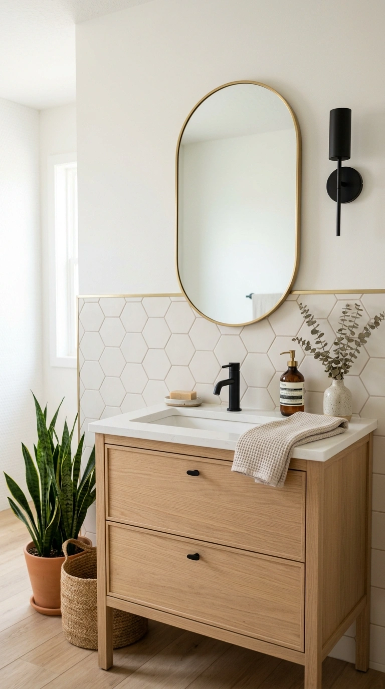 24 Bathroom Backsplash Ideas For Every Budget And Style 7 006 Hexagon Tile Wall A light oak vanity with a matte