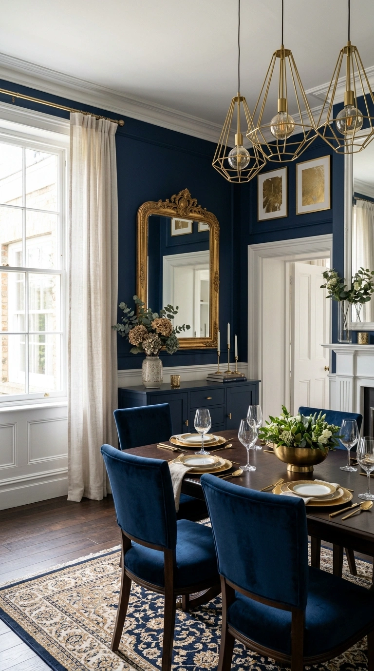 21 Colors That Pair Perfectly With Navy Blue 7 006 Navy And Gold A dining room with navy blue walls a