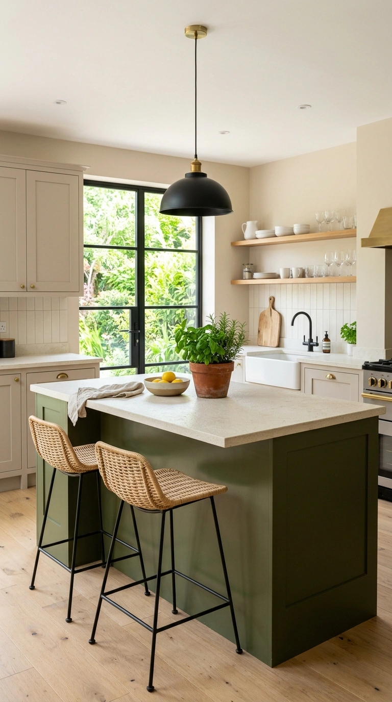 006 Olive Green Island A spacious kitchen with cashmer