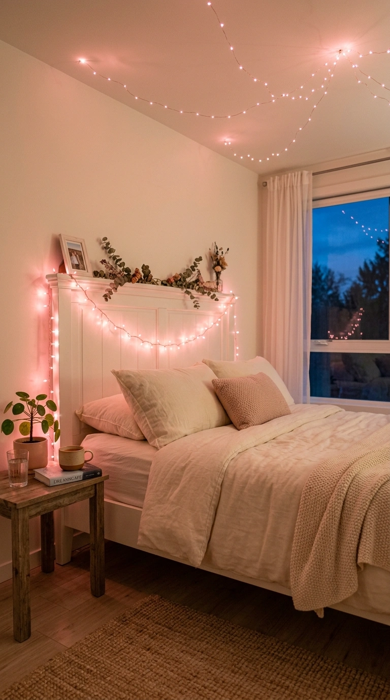006 Pink Fairy Lights A bedroom at dusk with warm pink