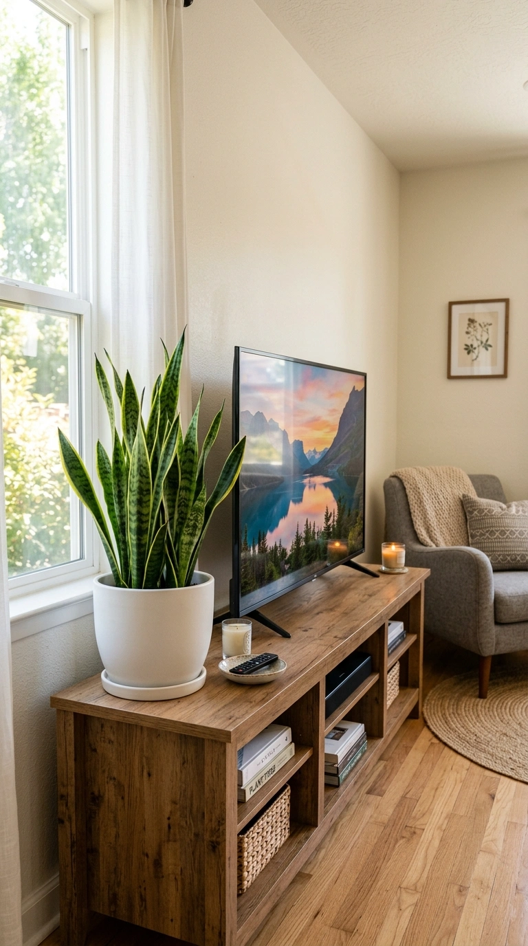 006 Potted Plant Corner A wood TV stand with a medium