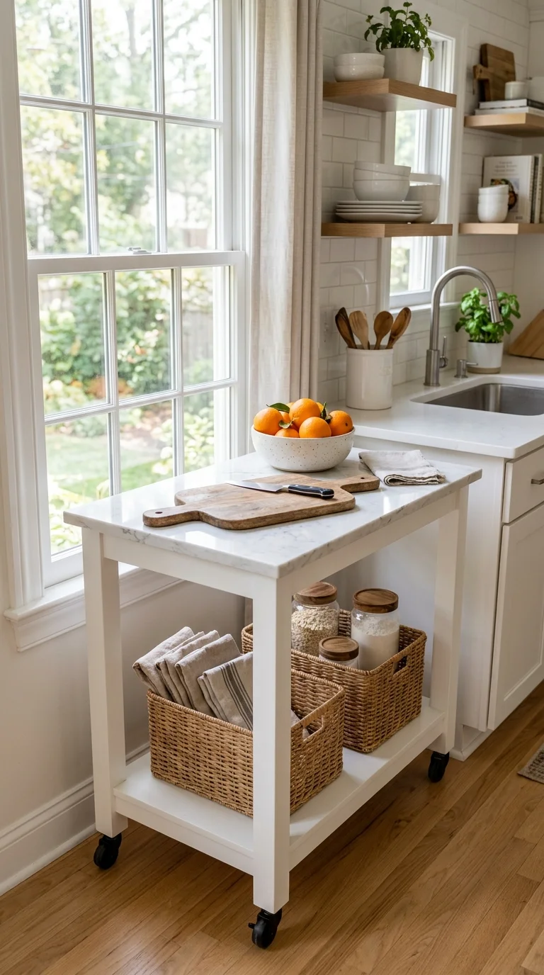 006 Rolling Kitchen Cart A small kitchen with a white