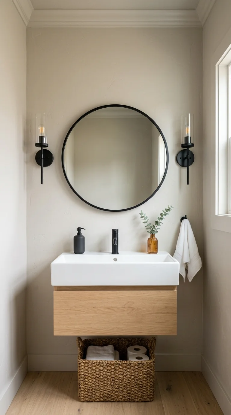 006 Round Mirror Focus A powder room with a 28 inch ro