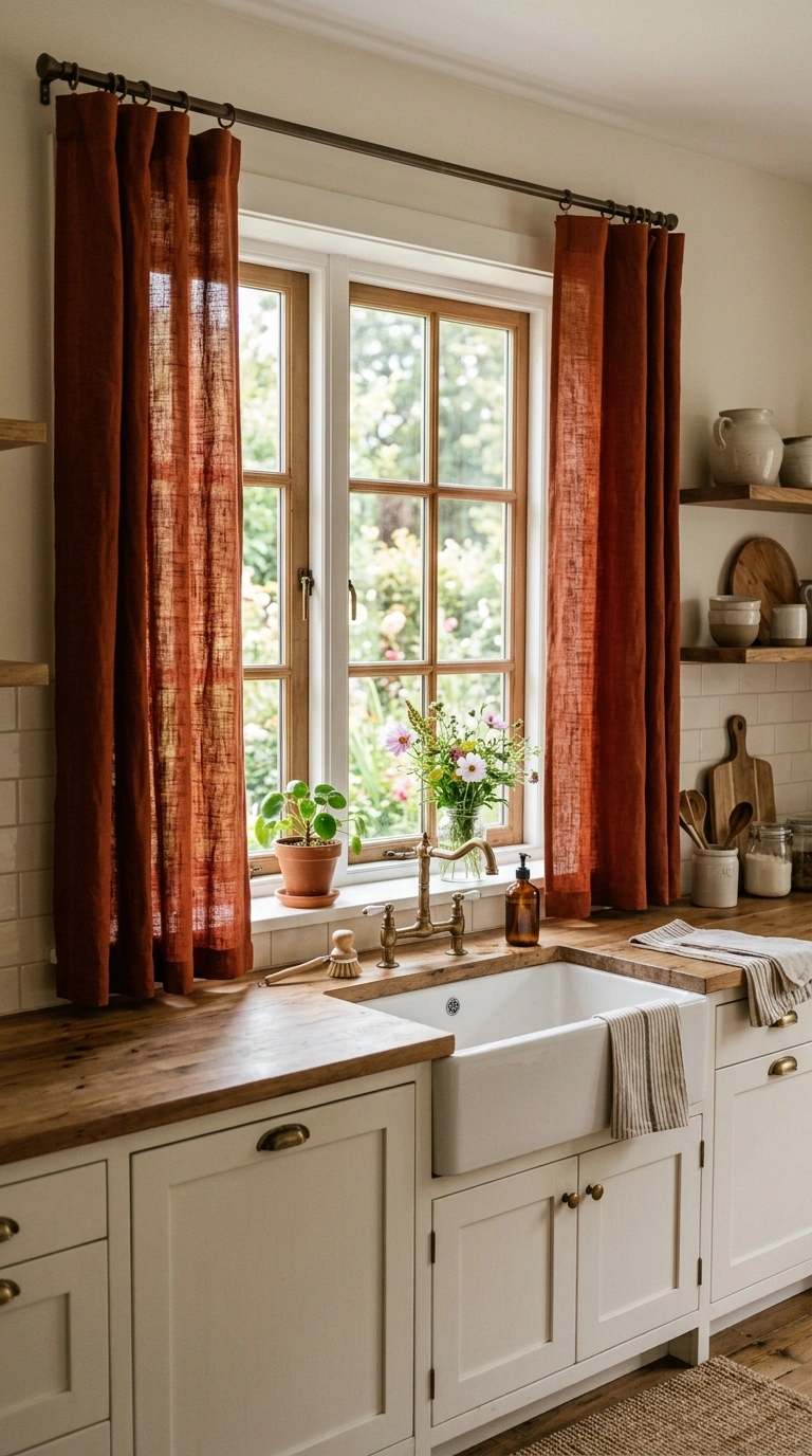 16 Gorgeous Fall Kitchen Ideas for a Warm and Cozy Home 7 006 Rust Color Curtains Rust colored linen curtains ha