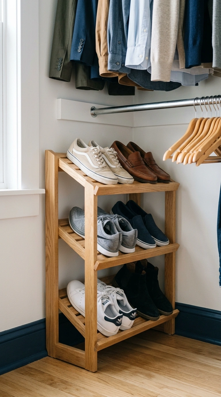 006 Slim Shoe Rack A narrow angled wood shoe rack tuck