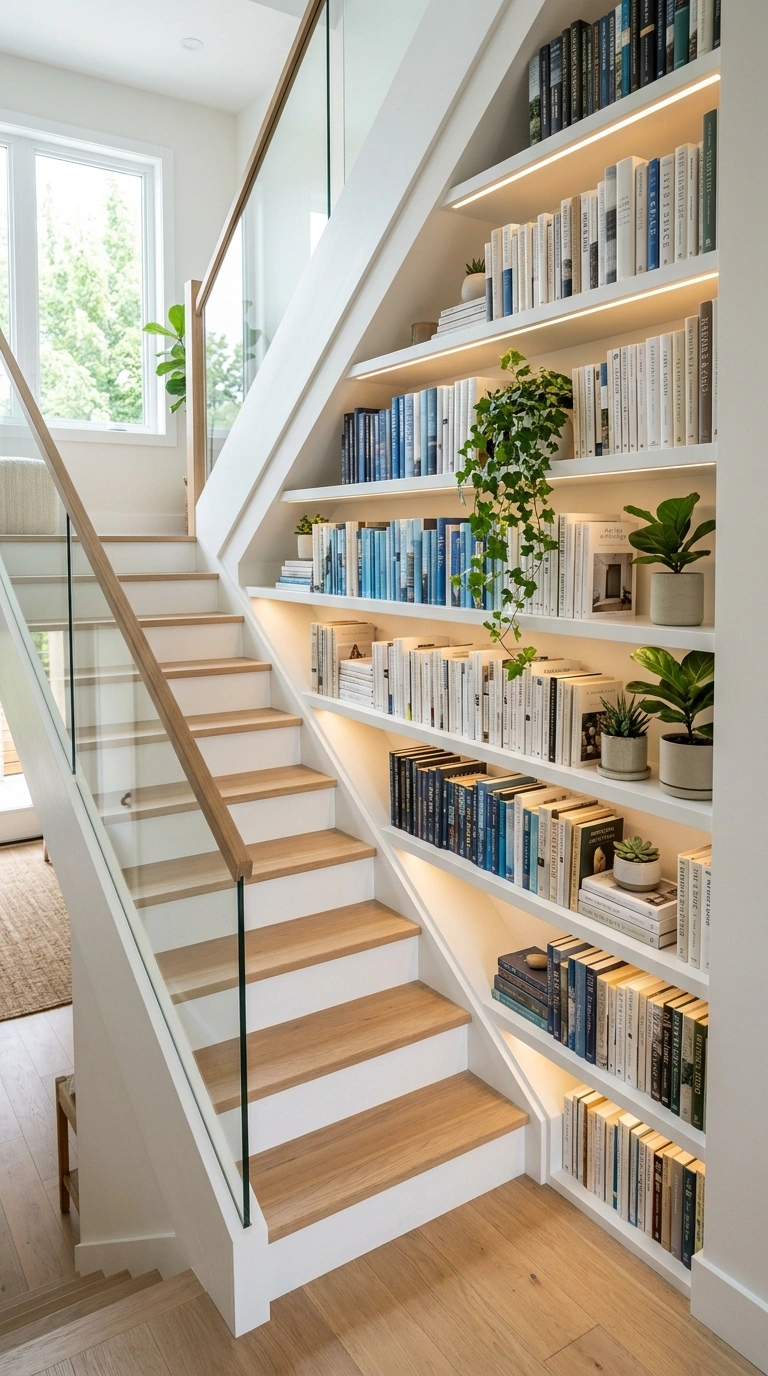 21 Small Home Library Ideas for Book Lovers 7 006 Staircase Book Wall A white staircase wall lined w