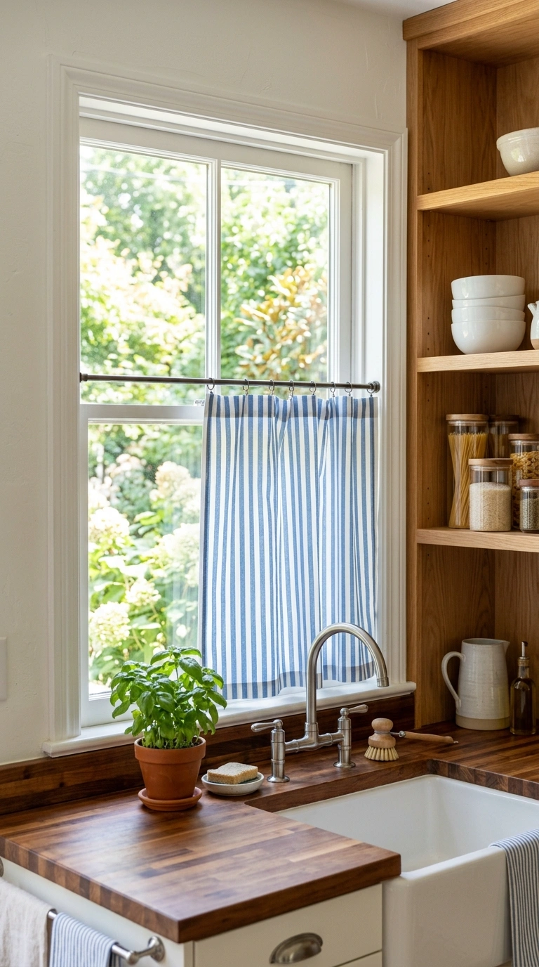 006 Striped Cotton Curtains A kitchen sink window with