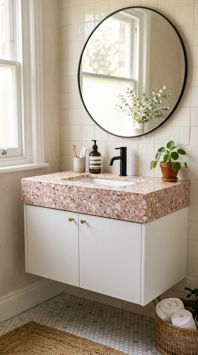 006 Terrazzo Countertop A small bathroom vanity with a