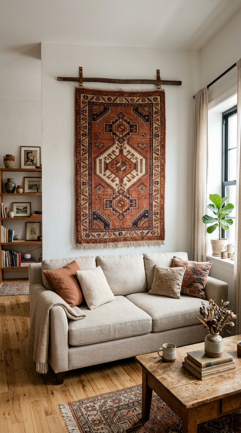 006 Vintage Rug Hanging A living room with a solid col