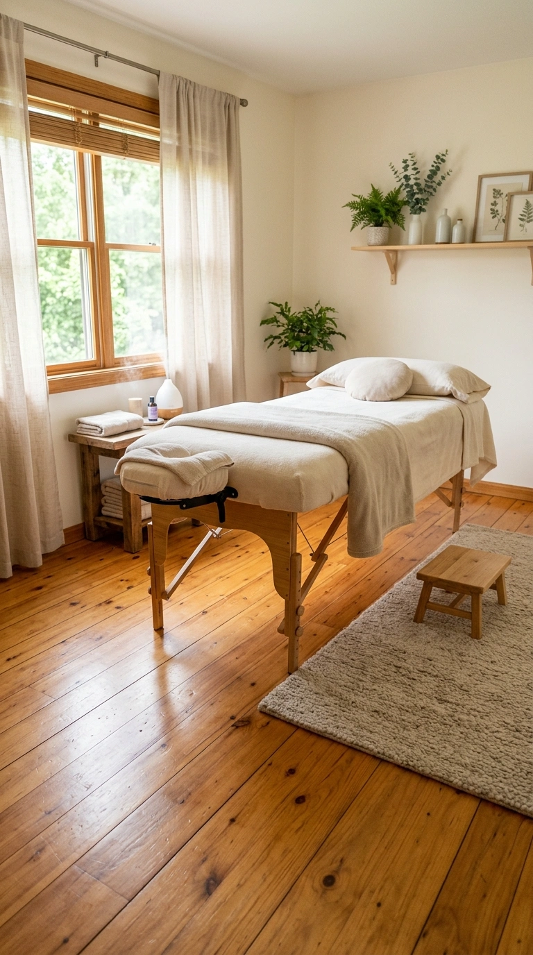 24 Dreamy Massage Room Ideas for Your Own Home Spa 7 006 Warm Wood Flooring A massage room with warm honey