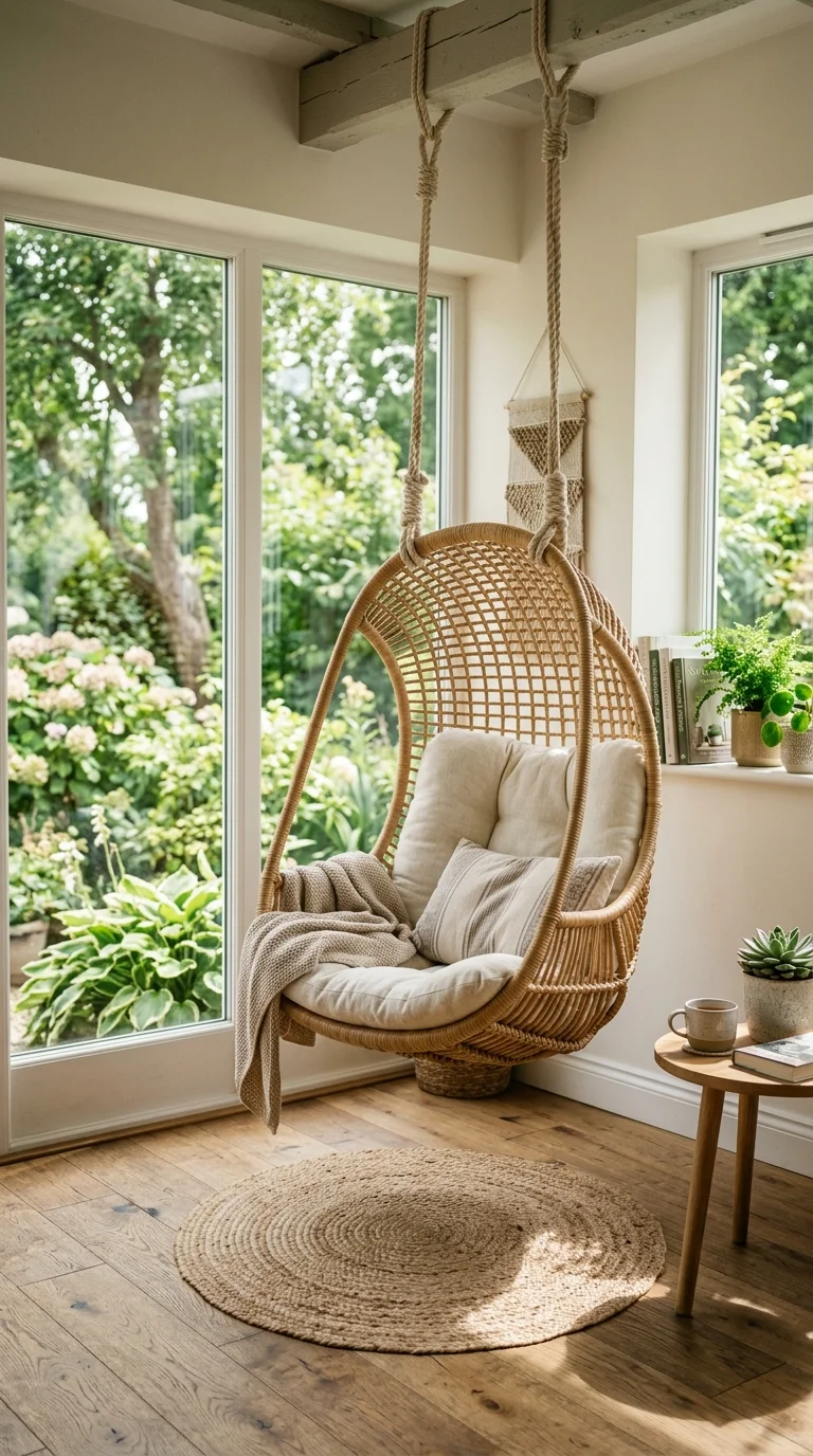 18 Sunroom Ideas for a Bright and Cozy Retreat 7 006 Wicker Swing Chair A sunroom corner with a hanging