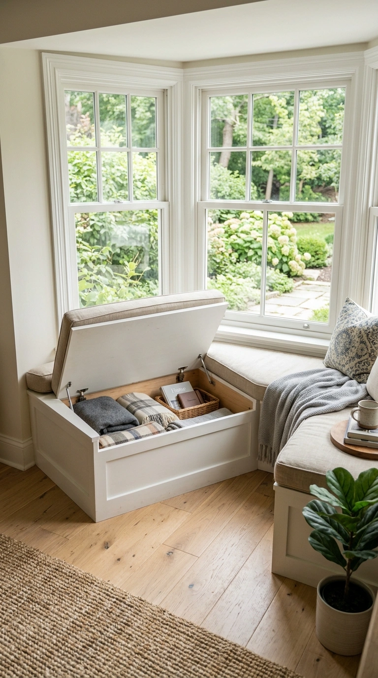 006 Window Seat Storage A bay window with a built in b