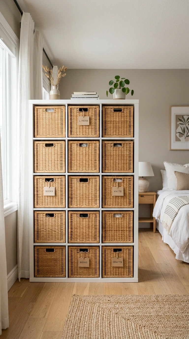 18 Genius IKEA KALLAX Bedroom Ideas That Transform Your Space 7 006 Woven Basket Storage A Kallax shelving unit in a b