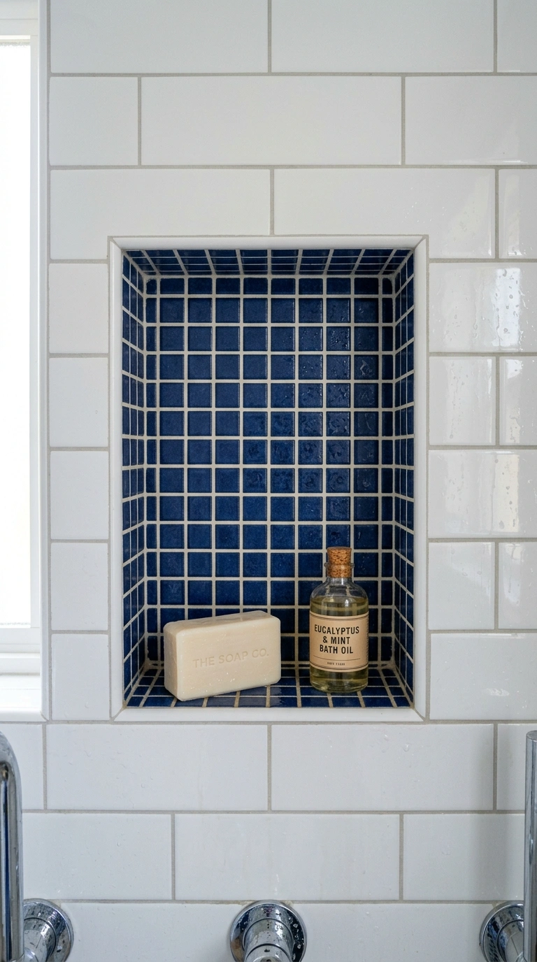007 7 Recessed Wall Niche A tiled shower wall with a r