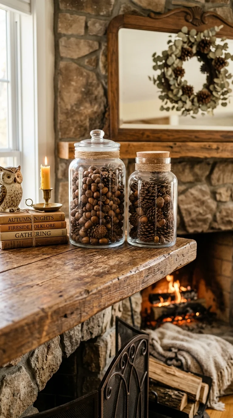 007 Acorn and Pinecone Jars A fireplace mantel with tw