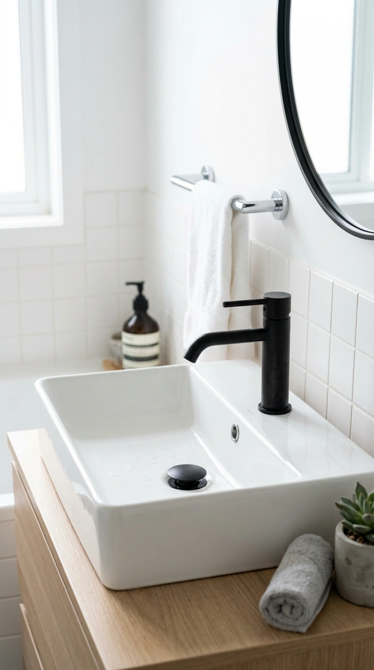21 Bathroom Wall Decor Ideas for Black, Red & Chrome Themes + Smart Shower Storage 8 007 Black Matte Fixtures A white bathroom sink with a