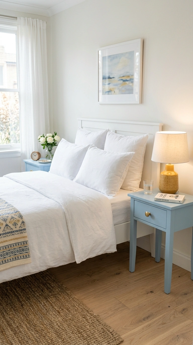007 Blue Nightstands A bedroom with white bed linens t