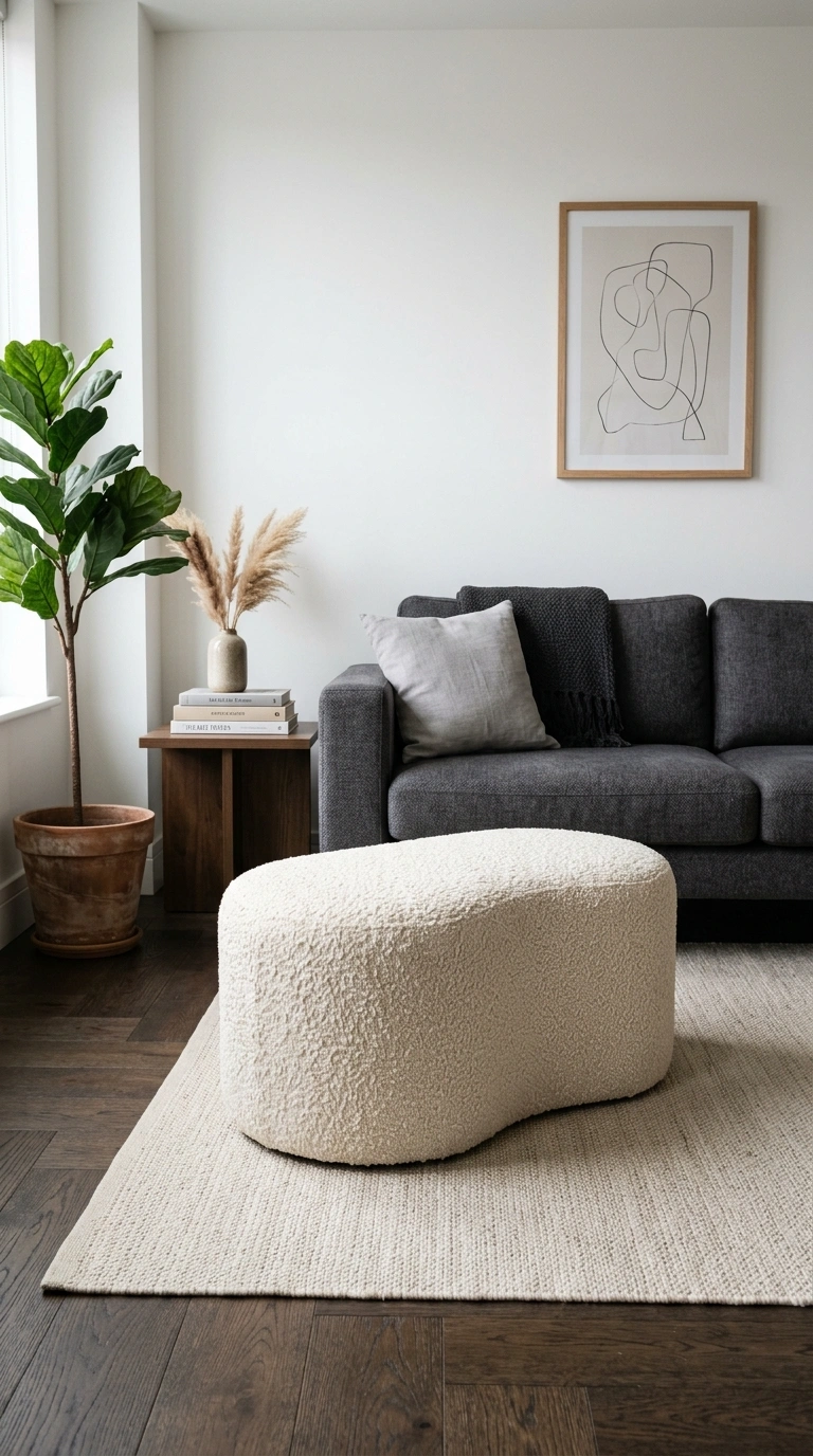 007 Boucle Curved Ottoman A curved kidney shaped cream