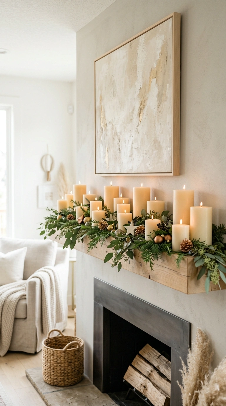 007 Candlelit Mantel Display A fireplace mantel filled