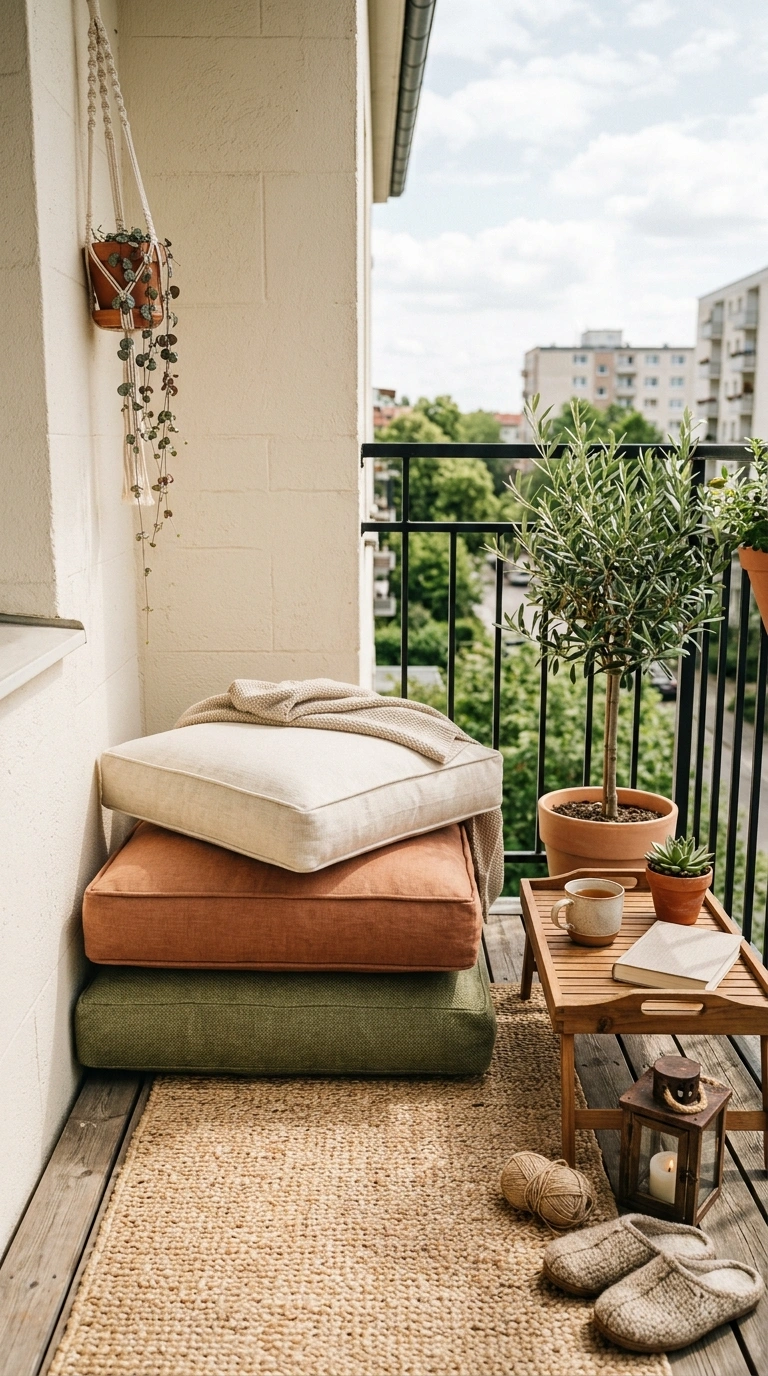 007 Cozy Floor Cushions A narrow balcony corner with t
