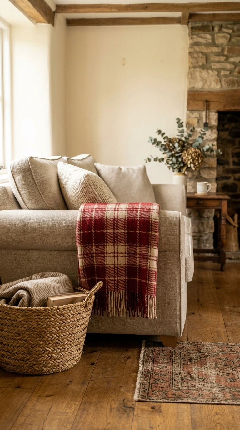007 Cozy Plaid Throws A neutral linen sofa in a farmho