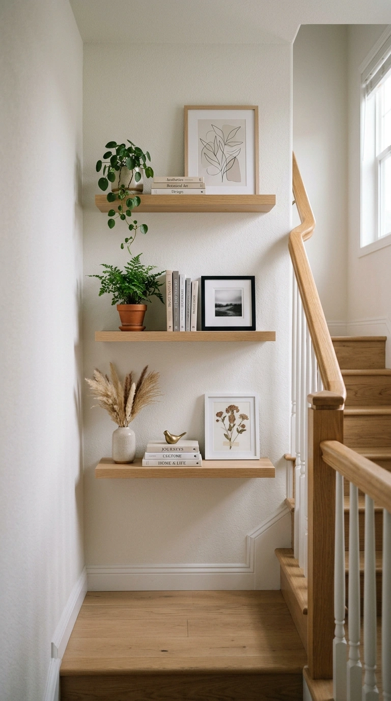 19 Stair Landing Decor Ideas to Make the Most of Your Space 8 007 Floating Shelf Display A narrow stair landing wall