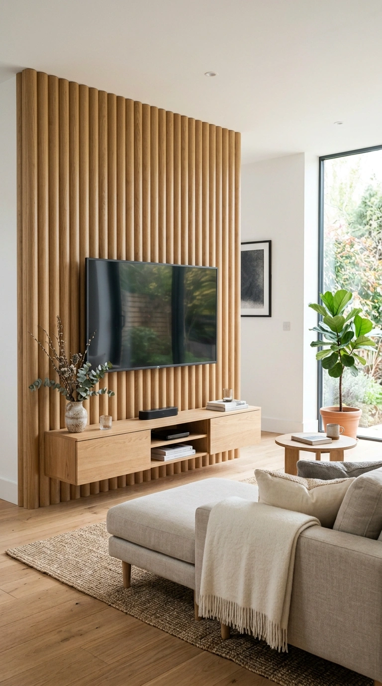 15 Stylish Living Room Trends for 2026 to Inspire Your Next Makeover 8 007 Fluted Wood Paneling A living room media wall cove