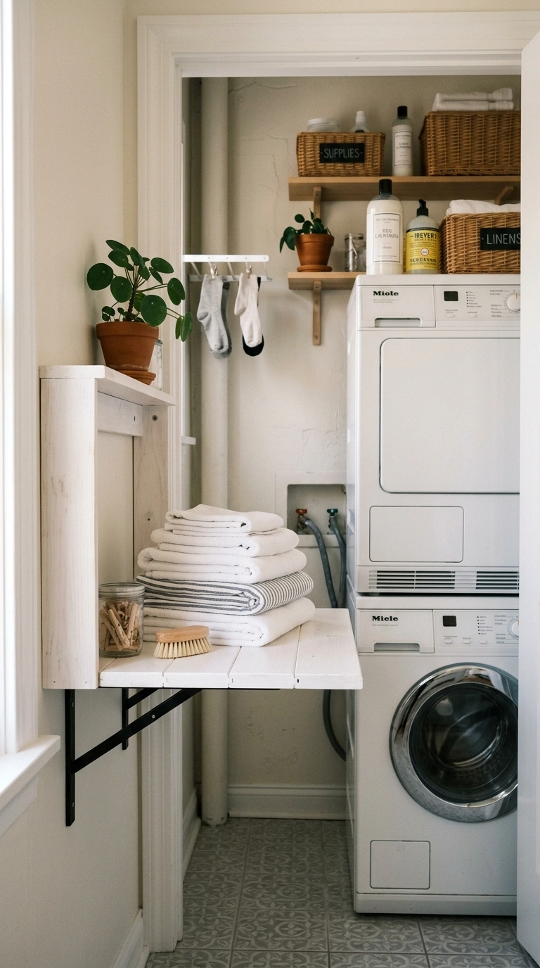 007 Fold Down Table A narrow laundry closet with a whi