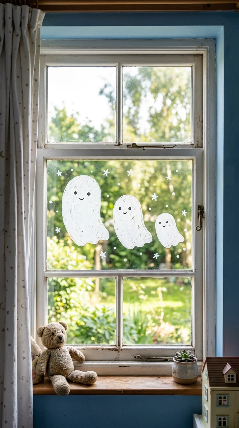 22 Halloween Window Painting Ideas to Make Your Home Stand Out 8 007 Friendly Ghost Family A childs bedroom window pain
