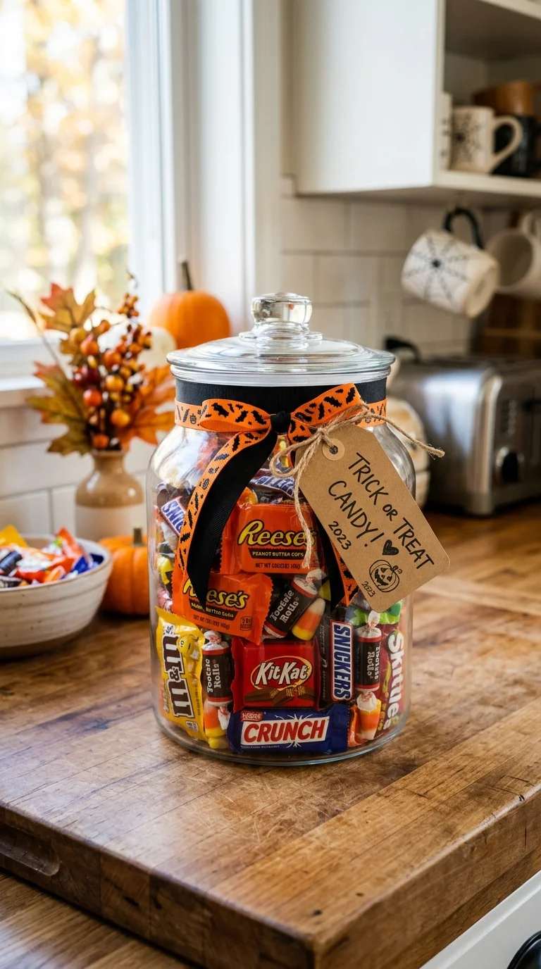 21 Dollar Tree Halloween DIY Ideas for a Spooky Home 8 007 Halloween Candy Jar A clear glass jar wrapped with