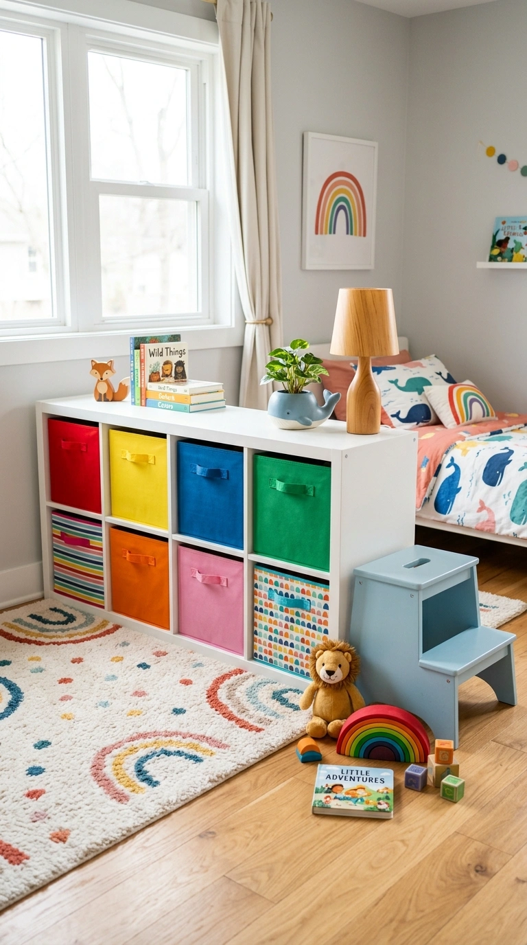 18 Genius IKEA KALLAX Bedroom Ideas That Transform Your Space 8 007 Kids Toy Corner A childs bedroom with a low white