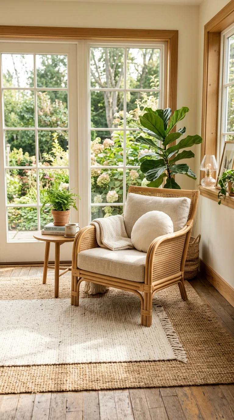 18 Sunroom Ideas for a Bright and Cozy Retreat 8 007 Layered Jute Rugs A sunroom seating area with a na