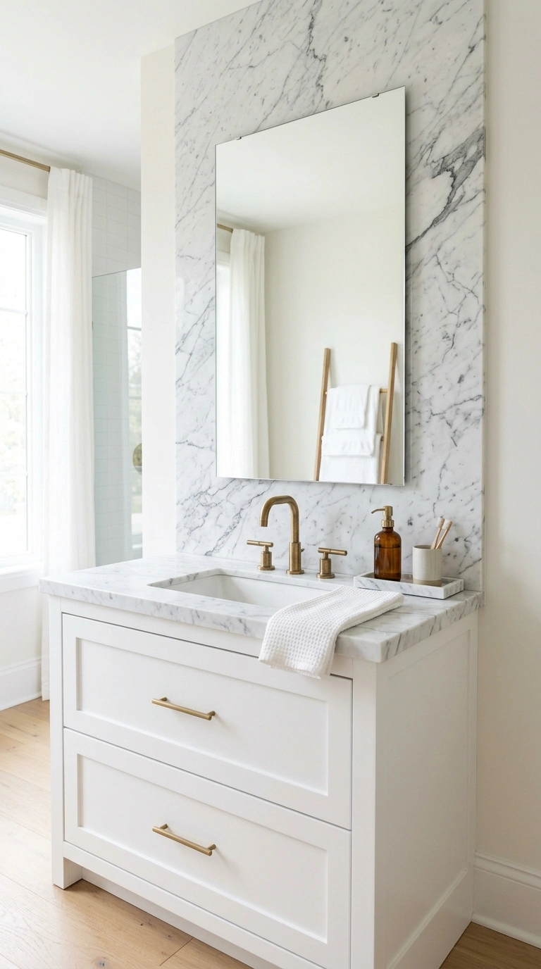 24 Bathroom Backsplash Ideas For Every Budget And Style 8 007 Marble Slab Backsplash A white vanity with a singl