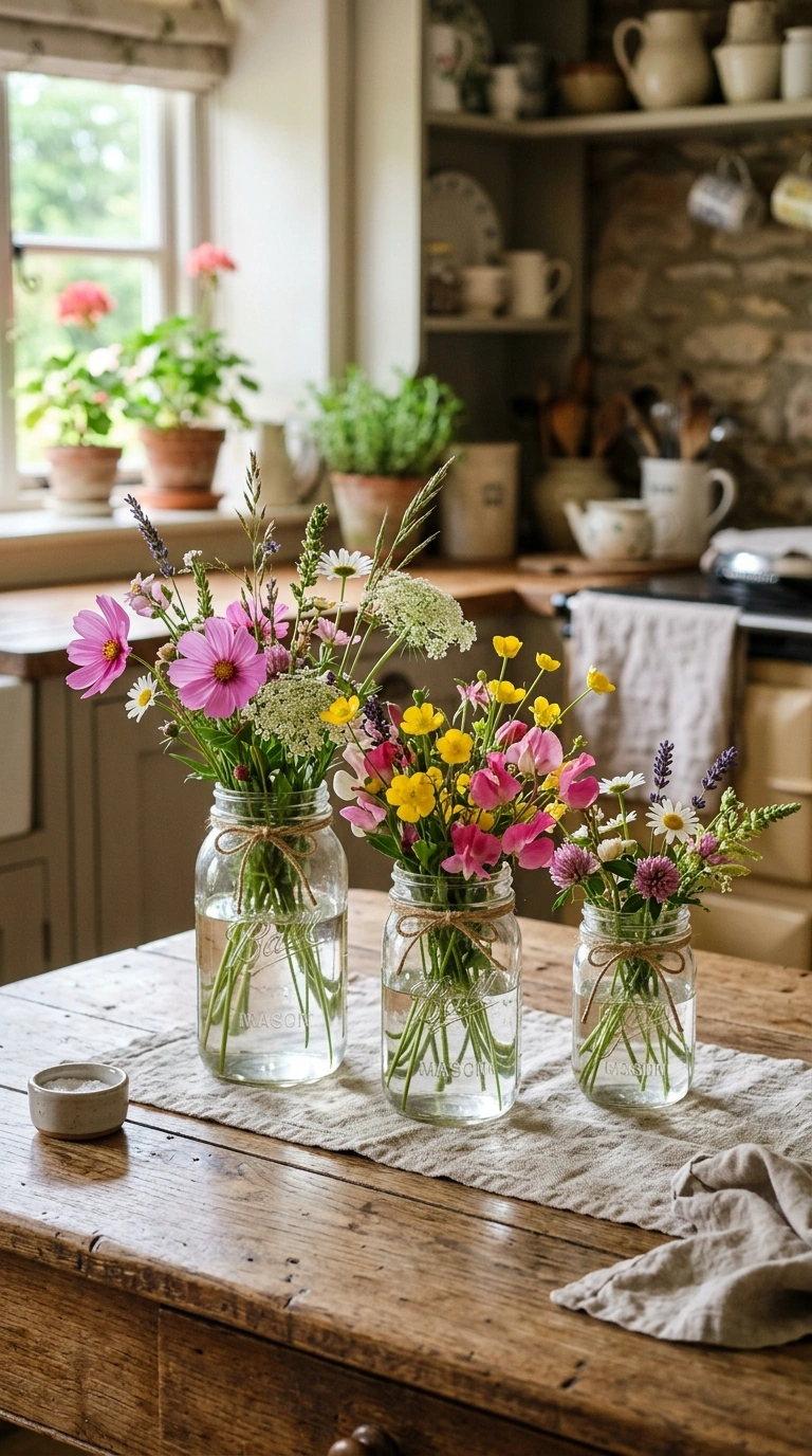 007 Mason Jar Wildflowers A rustic wood kitchen table 1 1