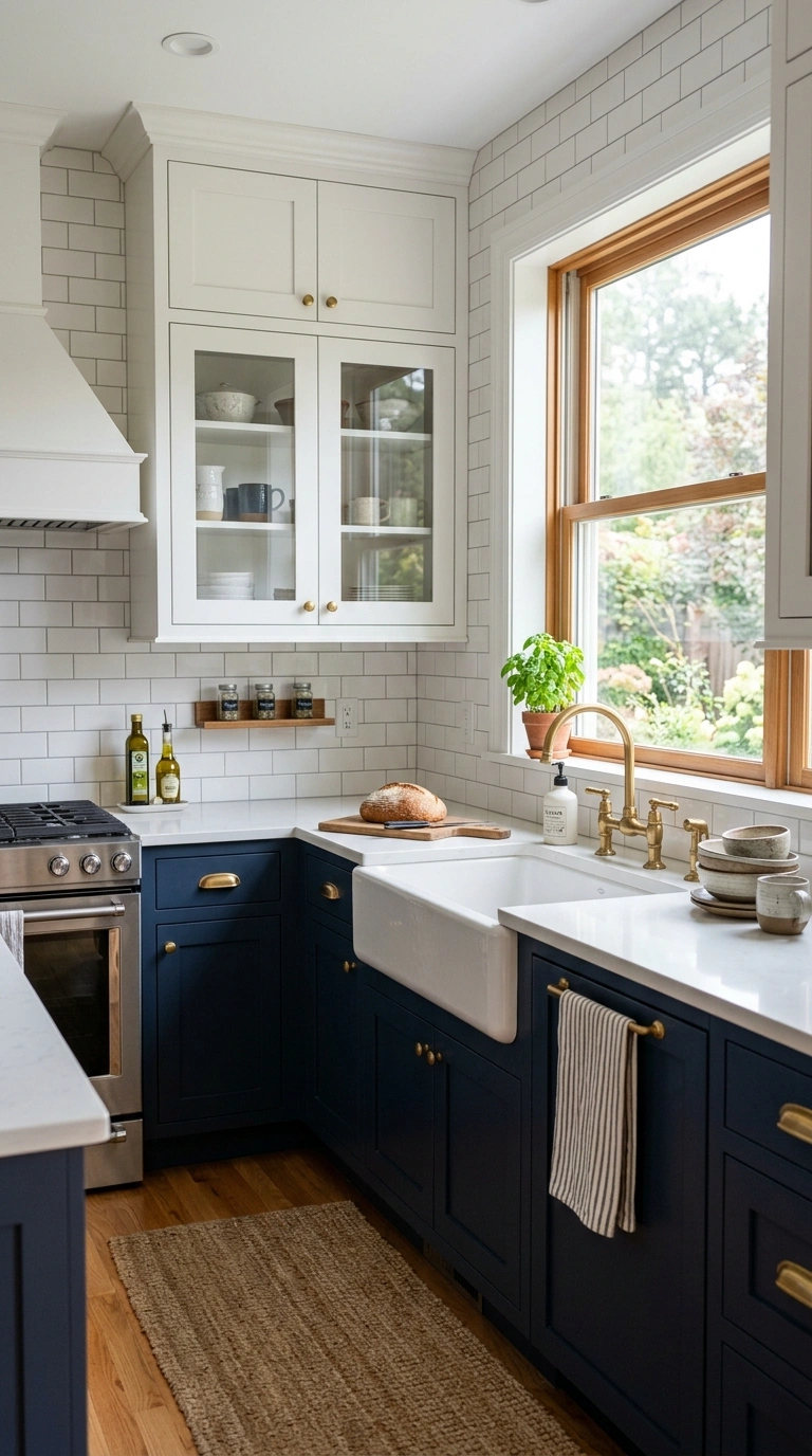 21 Colors That Pair Perfectly With Navy Blue 8 007 Navy And White A kitchen with navy blue lower cabi