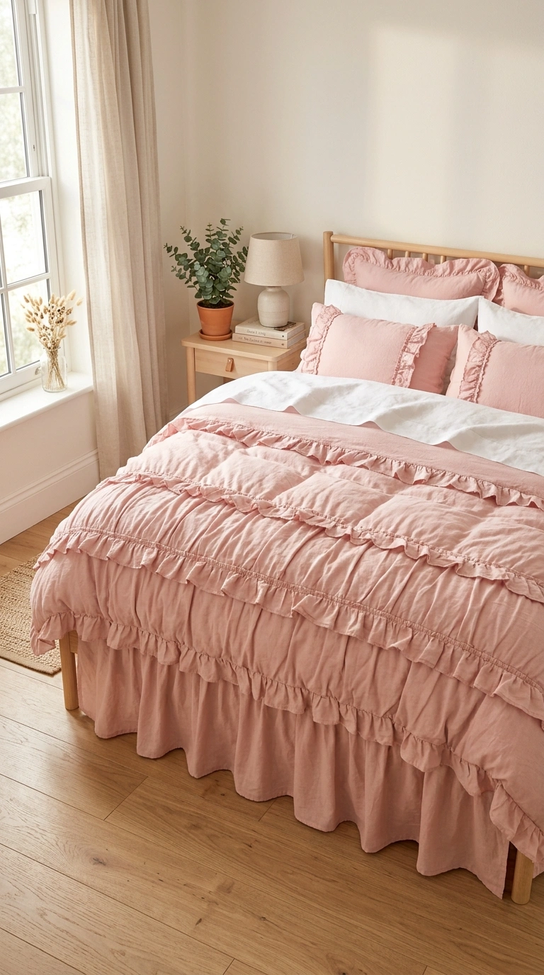 007 Pink Ruffled Bedding A neatly made bed with a soft