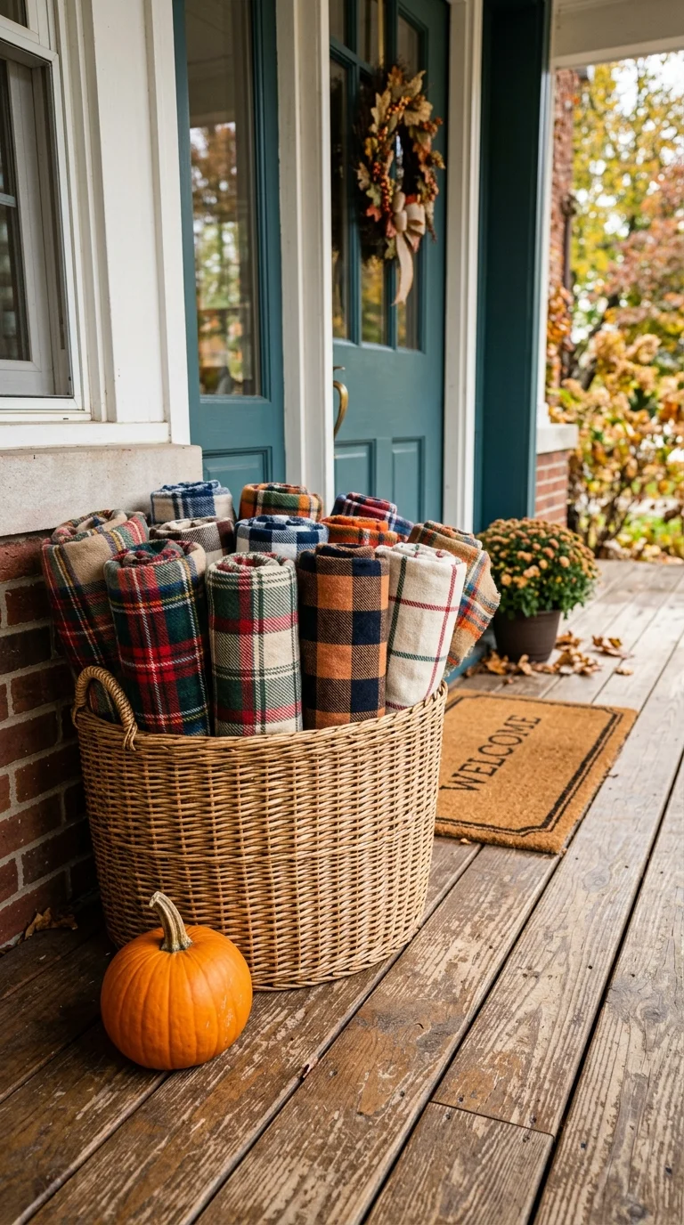 007 Plaid Blanket Basket A large woven basket near a f